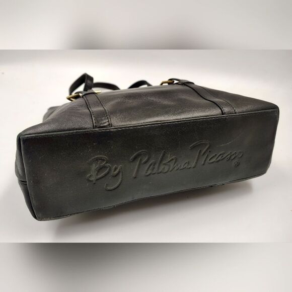 Paloma Picasso Vintage Black Leather Tote Bag Purse   w/Gold Accents - Picture 12 of 15